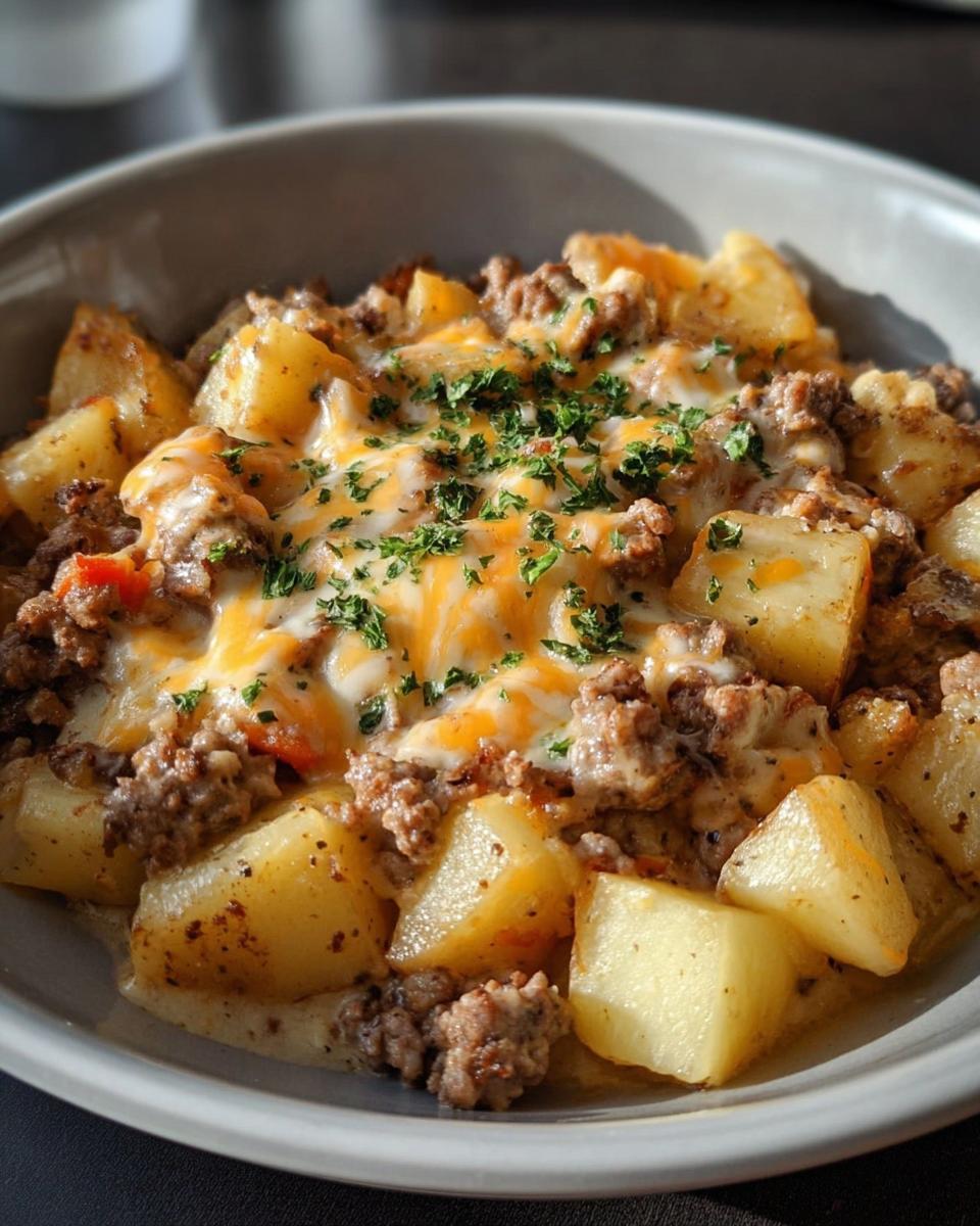 A close-up of a bowl filled with creamy meat and potato skillet, topped with melted cheese and fresh parsley.