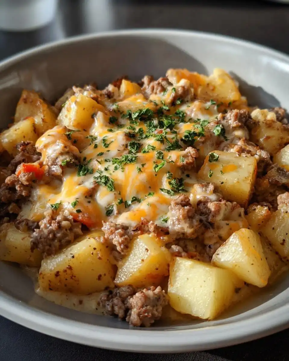 A close-up of a bowl filled with creamy meat and potato skillet, topped with melted cheese and fresh parsley.