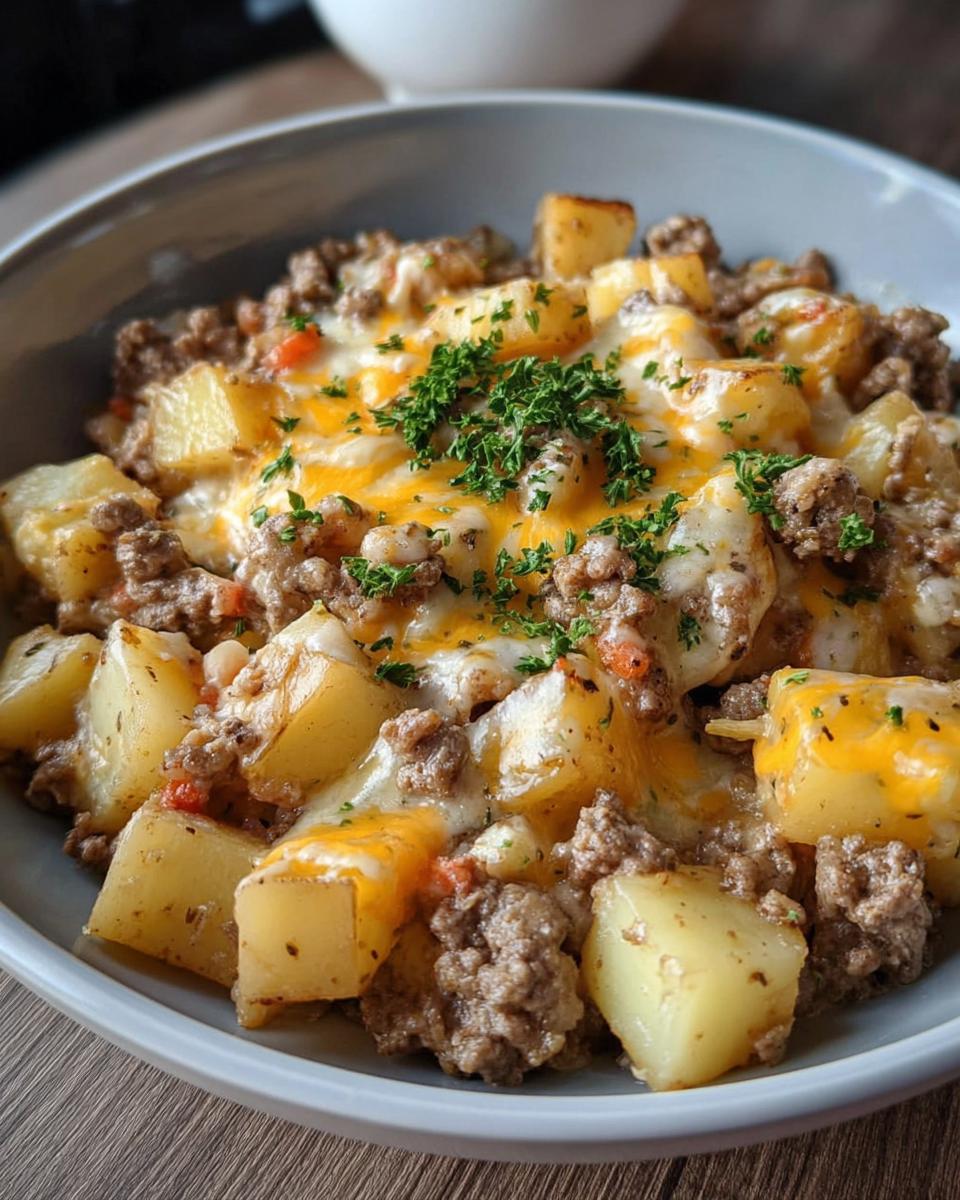 A close-up of a bowl filled with a creamy meat and potato skillet, topped with melted cheese and fresh parsley.