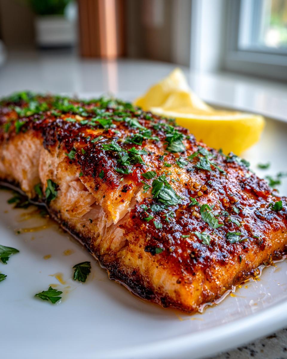 A perfectly cooked fillet of Crispy Air Fryer Salmon Recipe, seasoned and garnished with fresh parsley, served with a lemon wedge.