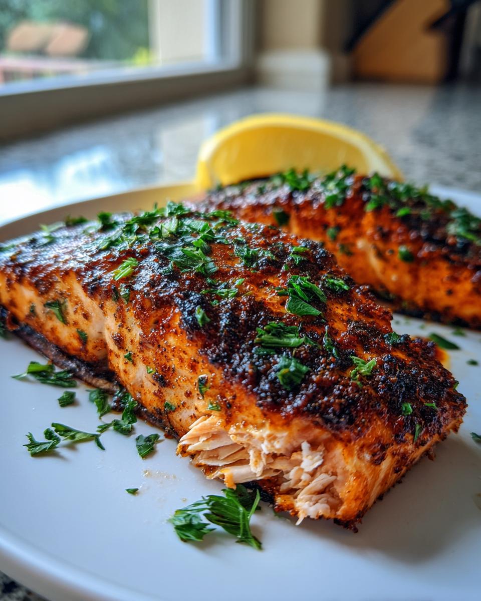 Close-up of two perfectly cooked fillets of Crispy Air Fryer Salmon Recipe, seasoned and garnished with parsley, with a lemon wedge in the background.