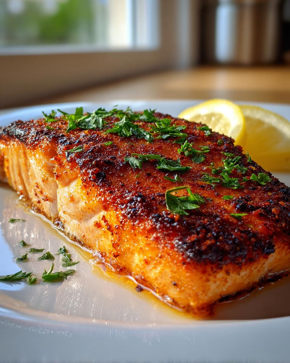 A perfectly cooked piece of crispy air fryer salmon, seasoned and garnished with fresh parsley and lemon slices.