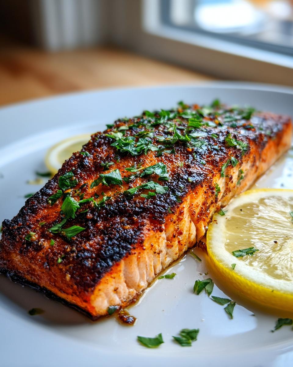 A perfectly cooked Crispy Air Fryer Salmon fillet seasoned with herbs and served with lemon slices.
