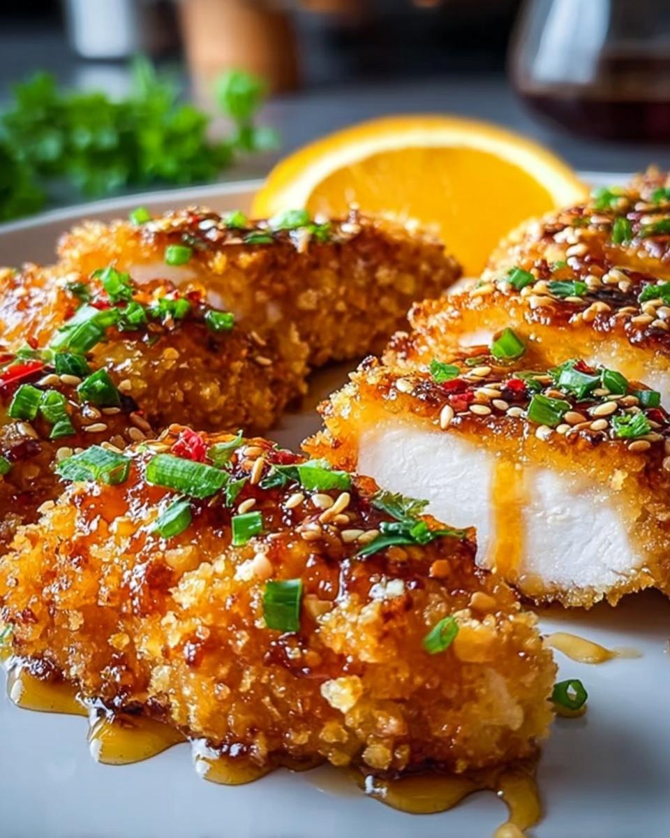 Close-up of crispy baked hot honey chicken pieces drizzled with sauce and sprinkled with sesame seeds and green onions.