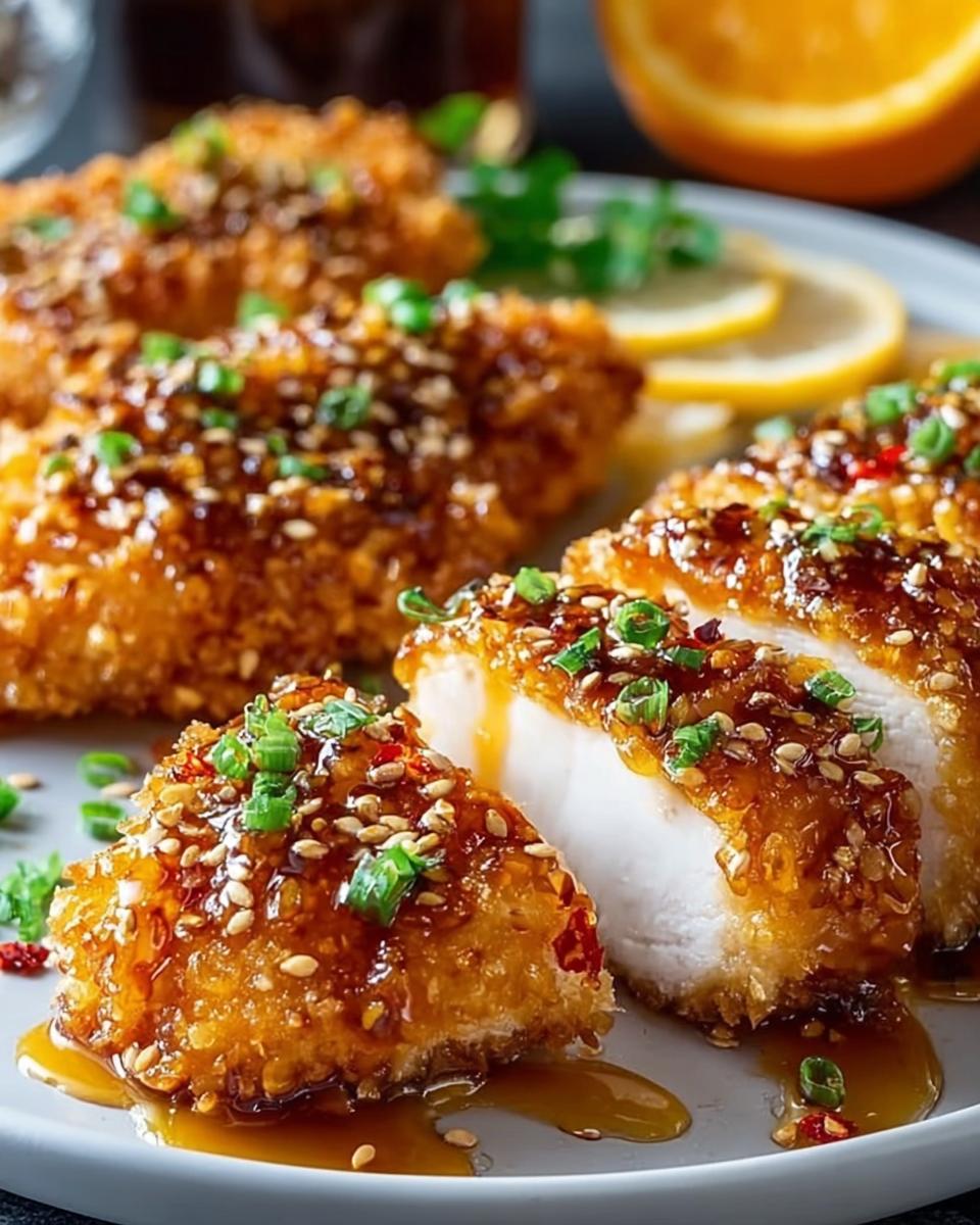 Close-up of a piece of Crispy Baked Hot Honey Chicken, glistening with sauce and topped with sesame seeds and green onions.
