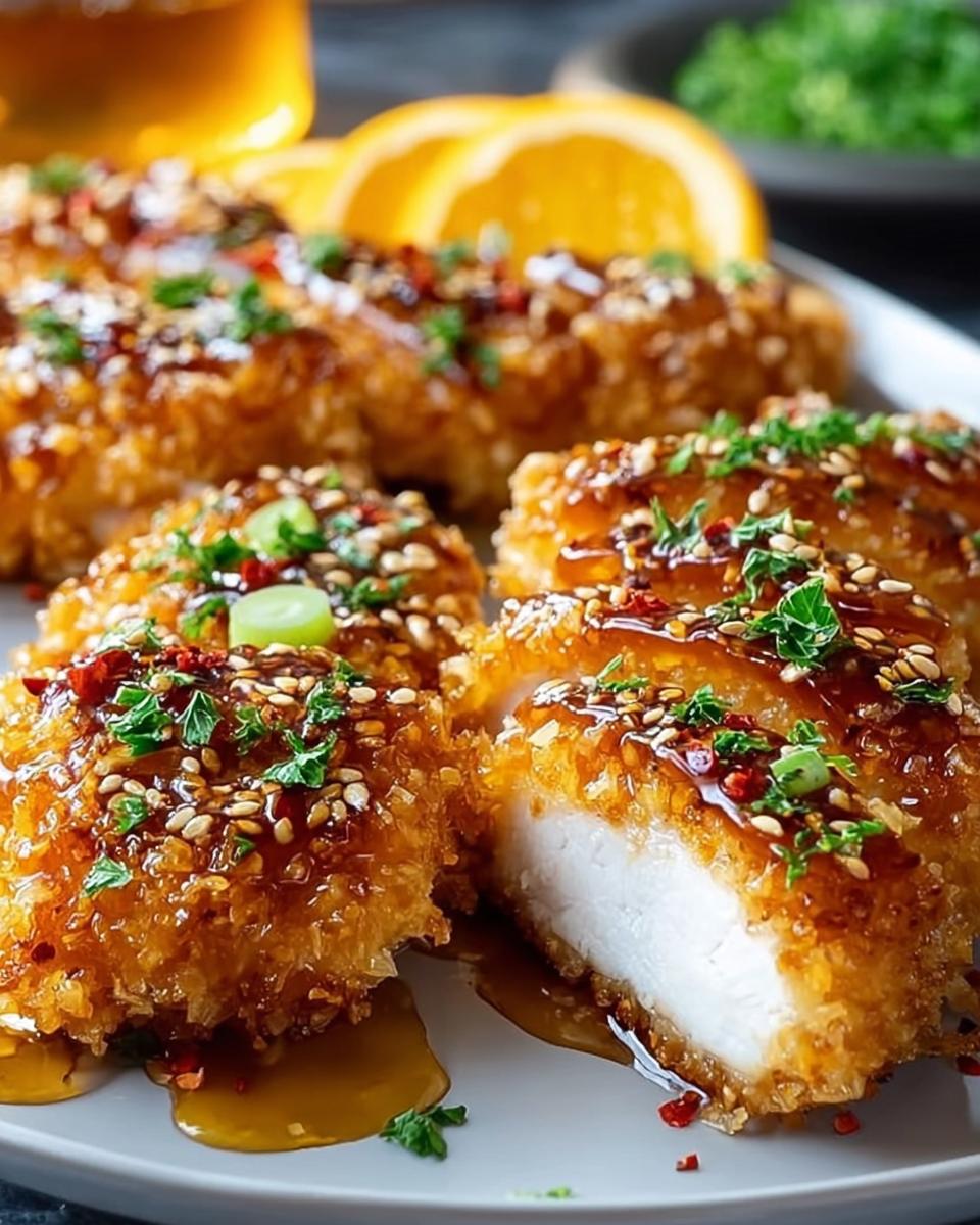 Close-up of crispy baked hot honey chicken pieces, drizzled with glaze and sprinkled with sesame seeds and herbs.