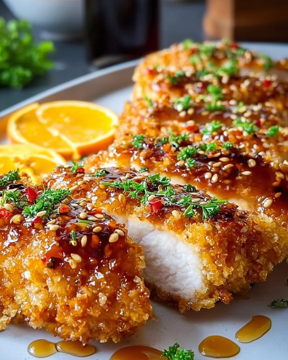 Close-up of crispy baked hot honey chicken slices, glazed and sprinkled with sesame seeds and chili flakes.