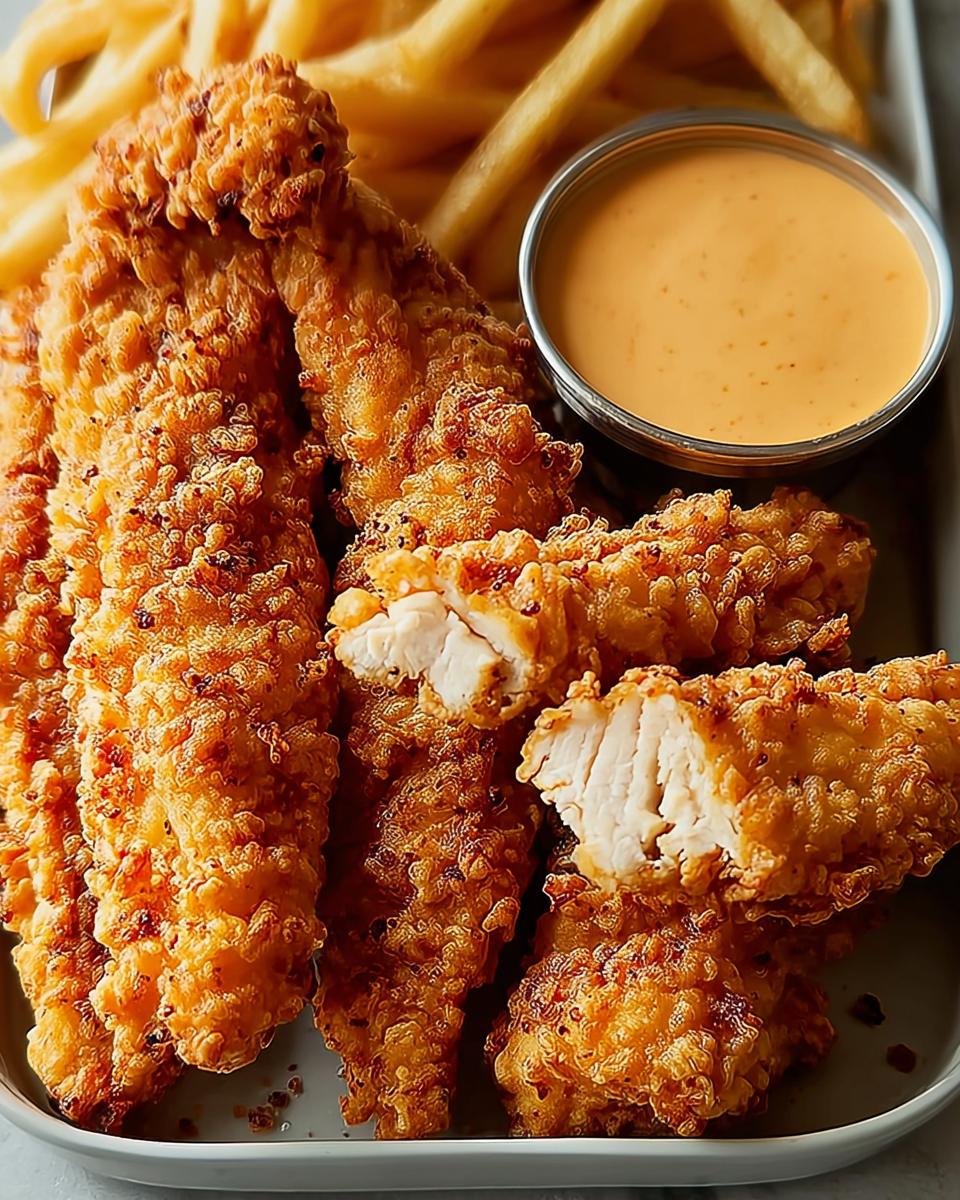 Golden brown crispy chicken tenders recipe served with french fries and a dipping sauce.
