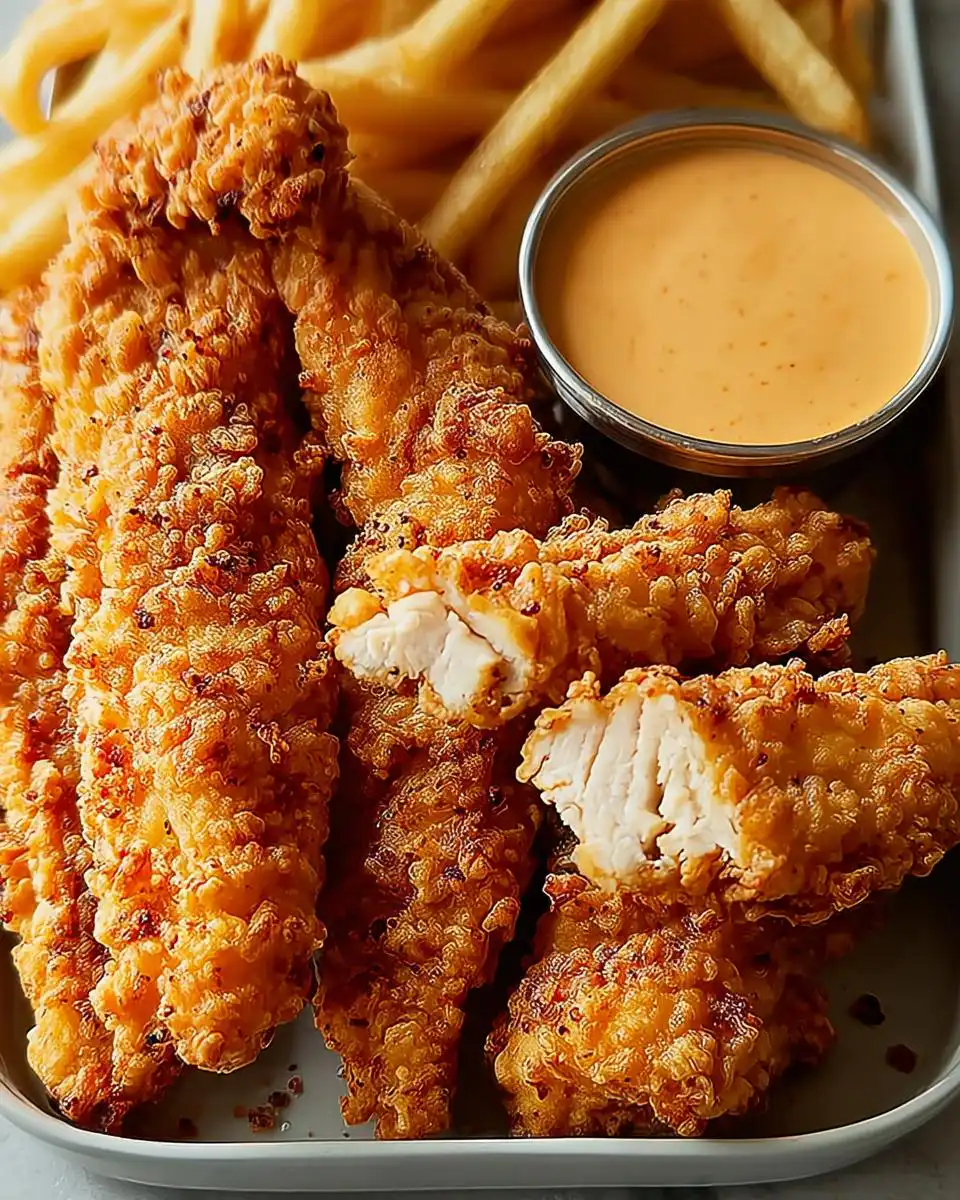 Golden brown crispy chicken tenders recipe served with french fries and a dipping sauce.