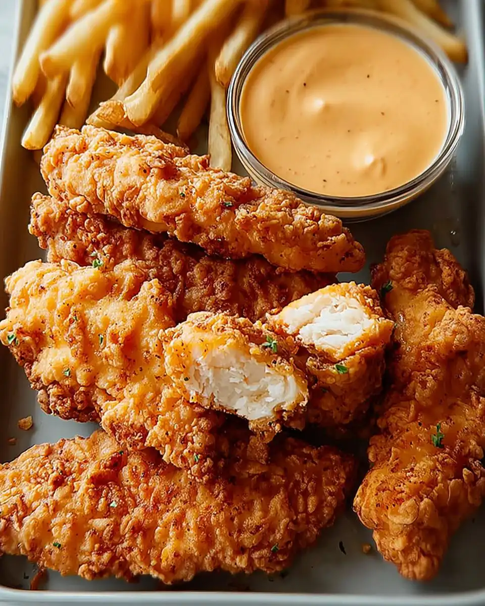A close-up of golden brown crispy chicken tenders recipe served with french fries and a creamy dipping sauce.