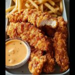 A close-up of a plate filled with golden-brown crispy chicken tenders, french fries, and a small bowl of dipping sauce.
