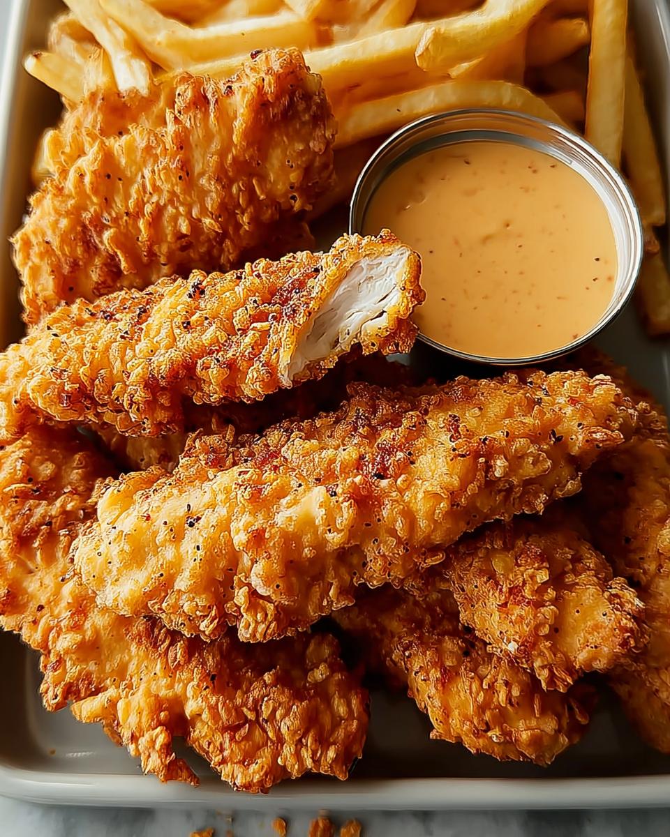 A close-up of a pile of golden brown crispy chicken tenders, served with french fries and a small bowl of dipping sauce.