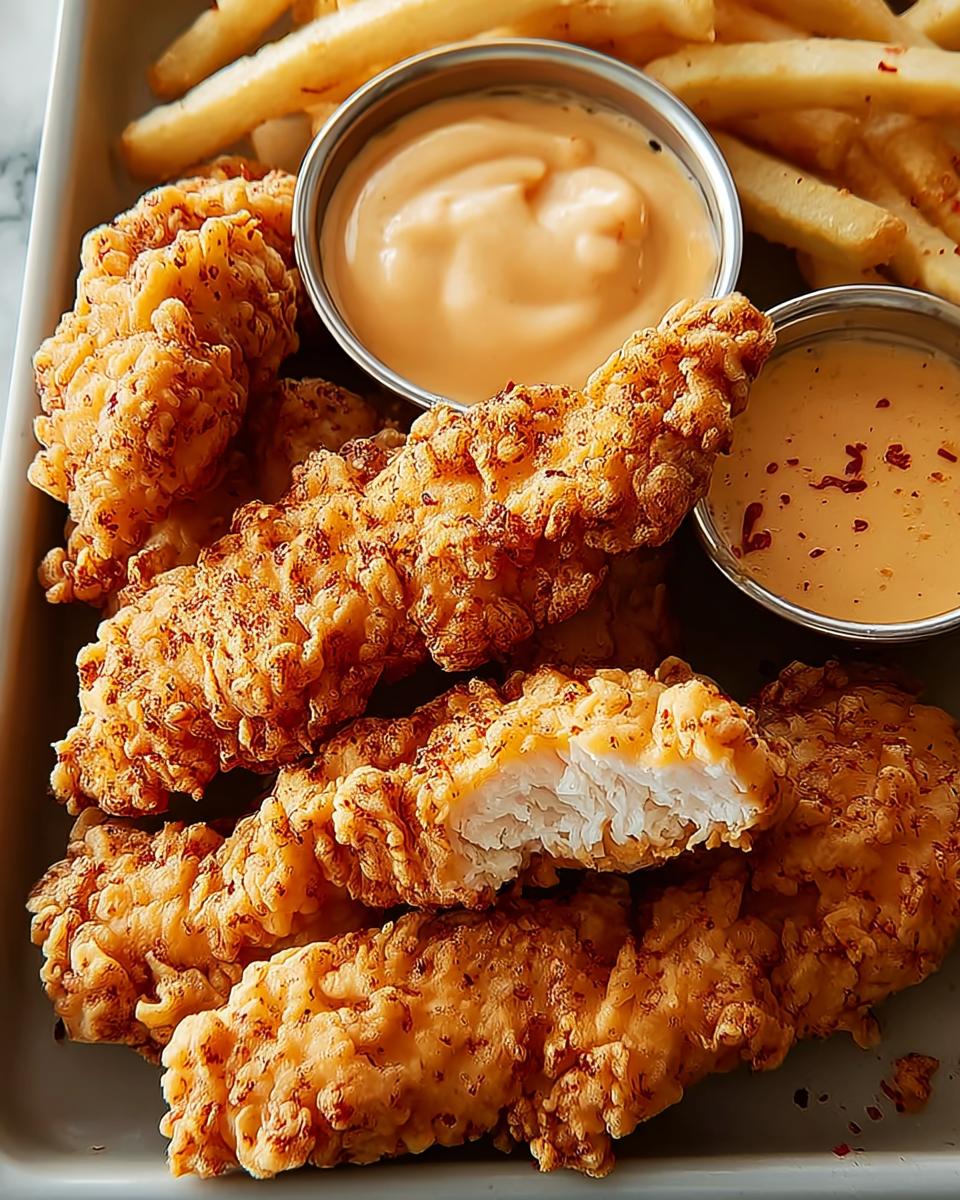 A close-up of golden-brown crispy chicken tenders served with two dipping sauces and french fries.