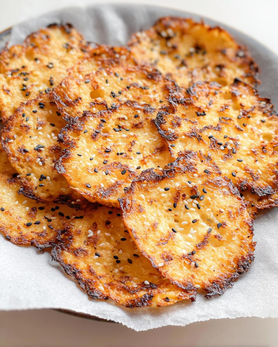 Close-up of golden brown, crispy cottage cheese chips sprinkled with black and white sesame seeds.