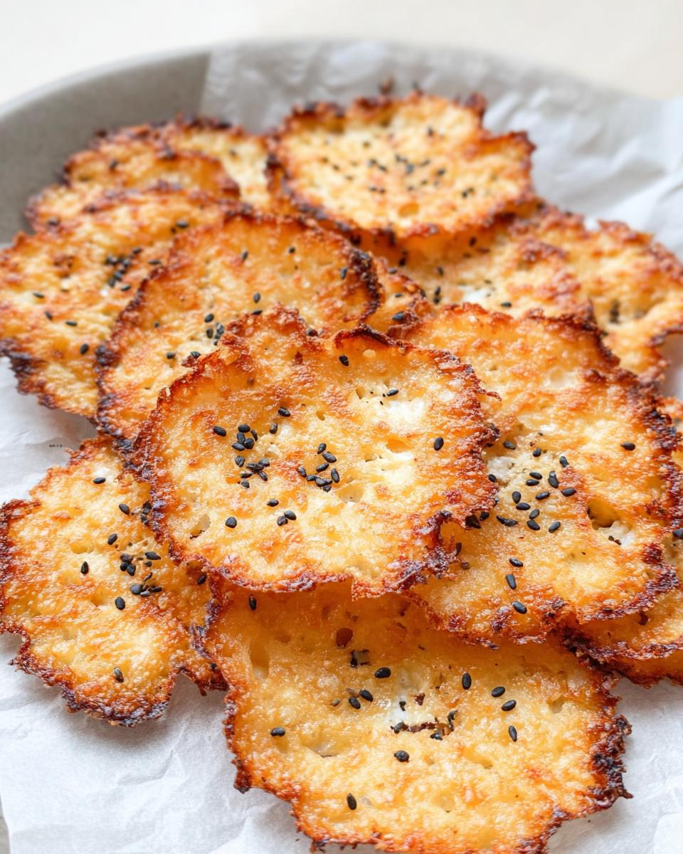 A close-up shot of golden brown, crispy cottage cheese chips sprinkled with black sesame seeds.