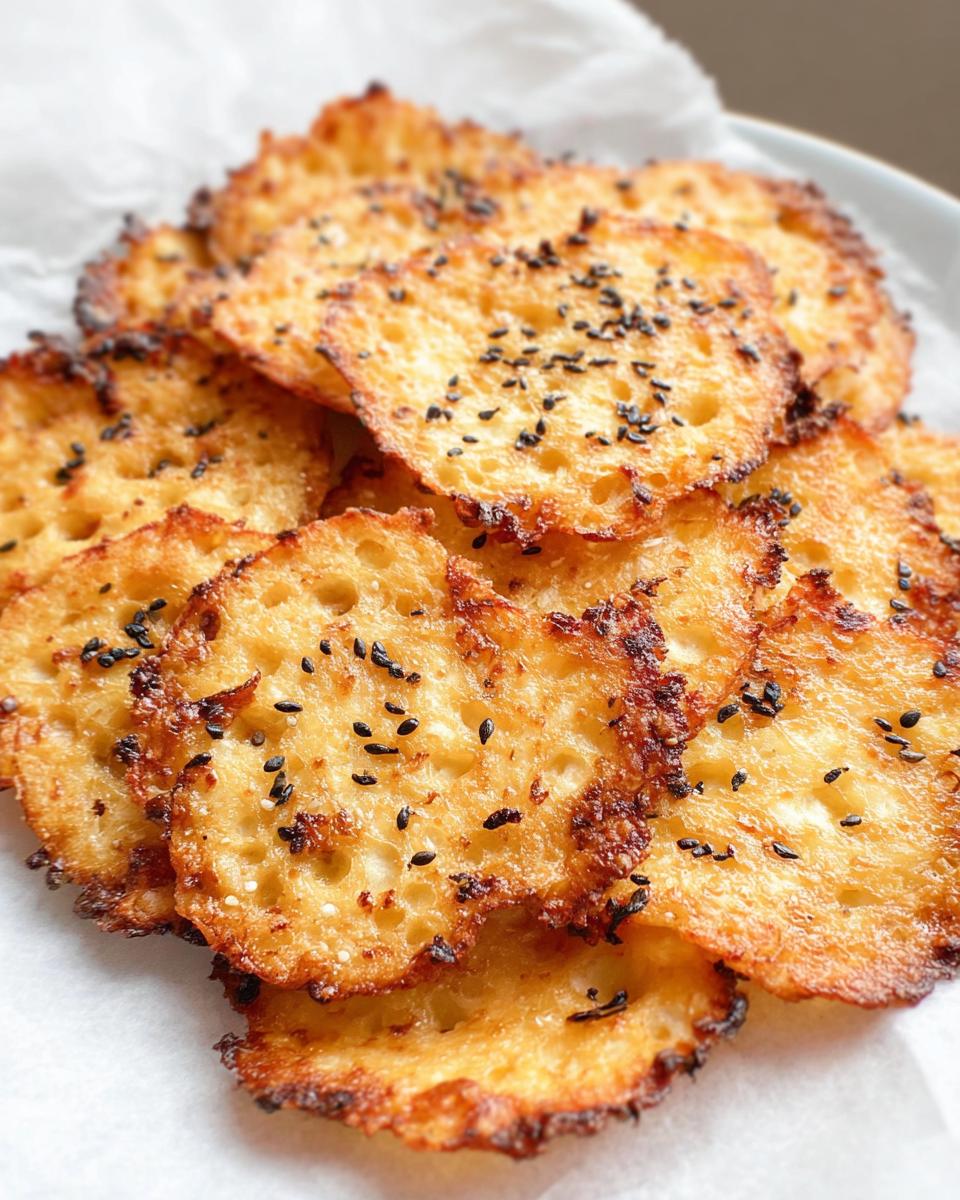 Close-up of golden brown, crispy cottage cheese chips sprinkled with black sesame seeds, an easy snack.