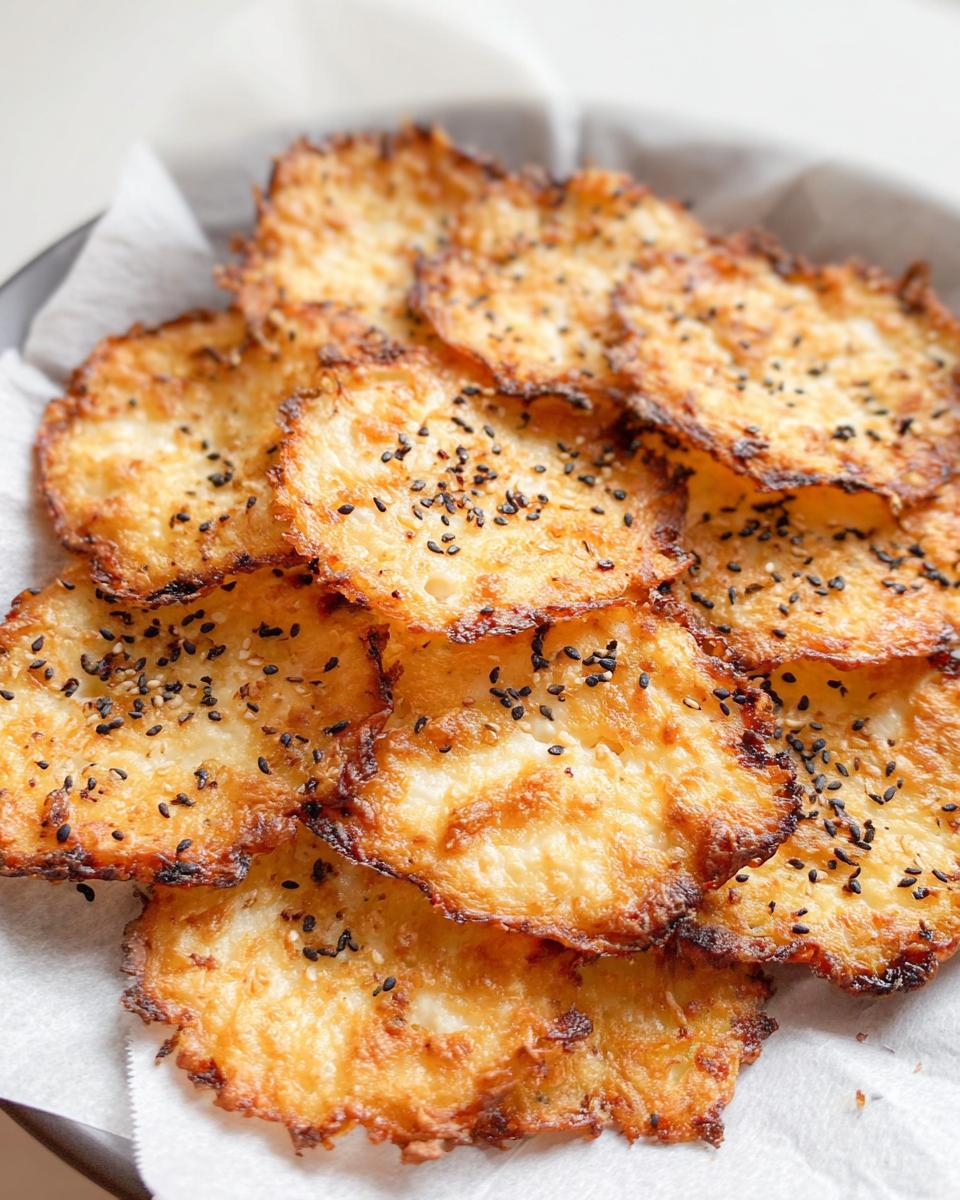 A pile of golden-brown crispy cottage cheese chips sprinkled with black and white sesame seeds.