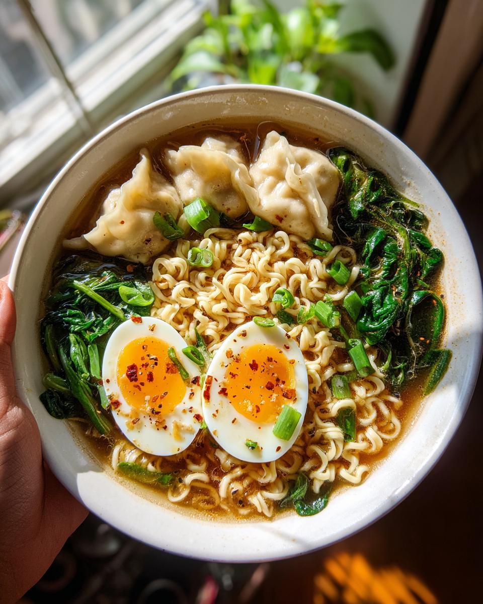 A close-up of a hearty dumpling ramen bowl recipe with noodles, dumplings, soft-boiled eggs, and greens.