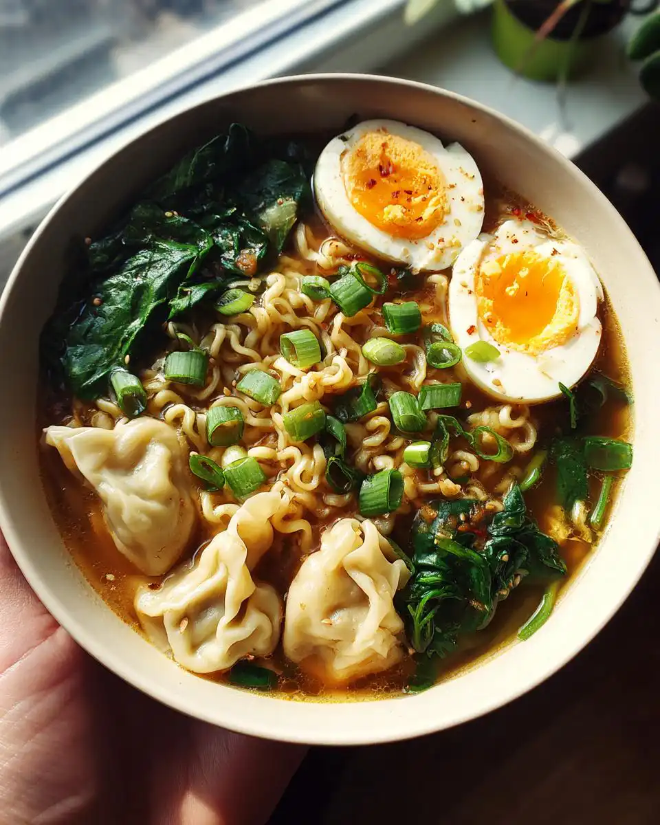 A close-up of a hearty dumpling ramen bowl recipe with noodles, dumplings, a soft-boiled egg, and greens.