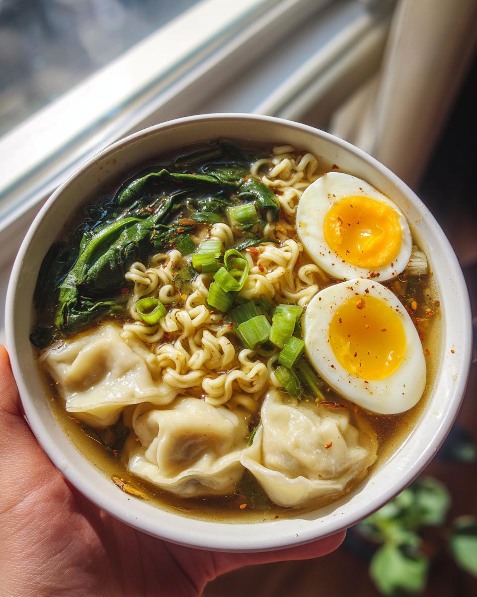 A close-up overhead shot of a hearty dumpling ramen bowl recipe with noodles, soft-boiled eggs, and greens.