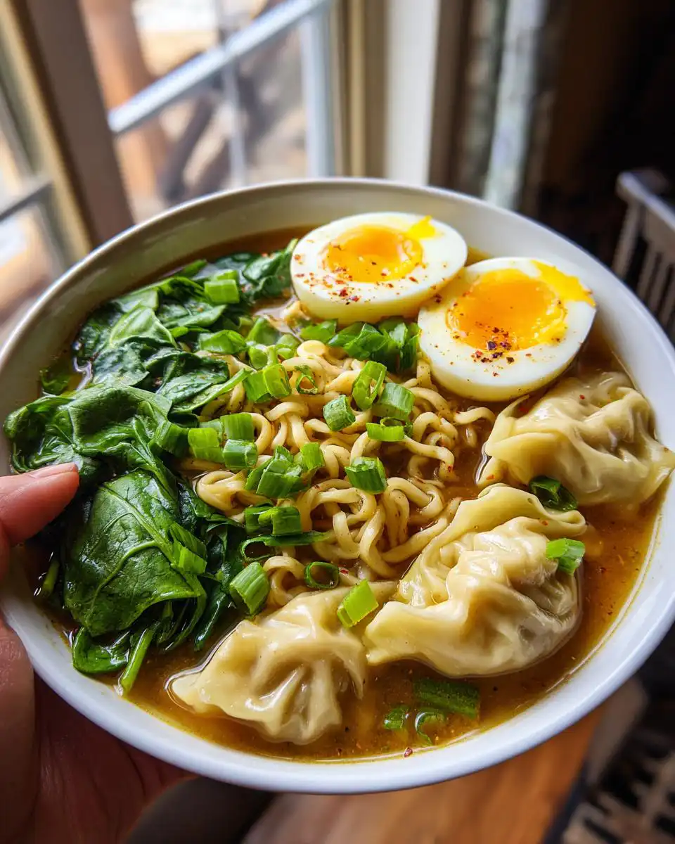 A close-up of a steaming dumpling ramen bowl recipe with noodles, wontons, soft-boiled eggs, and spinach.