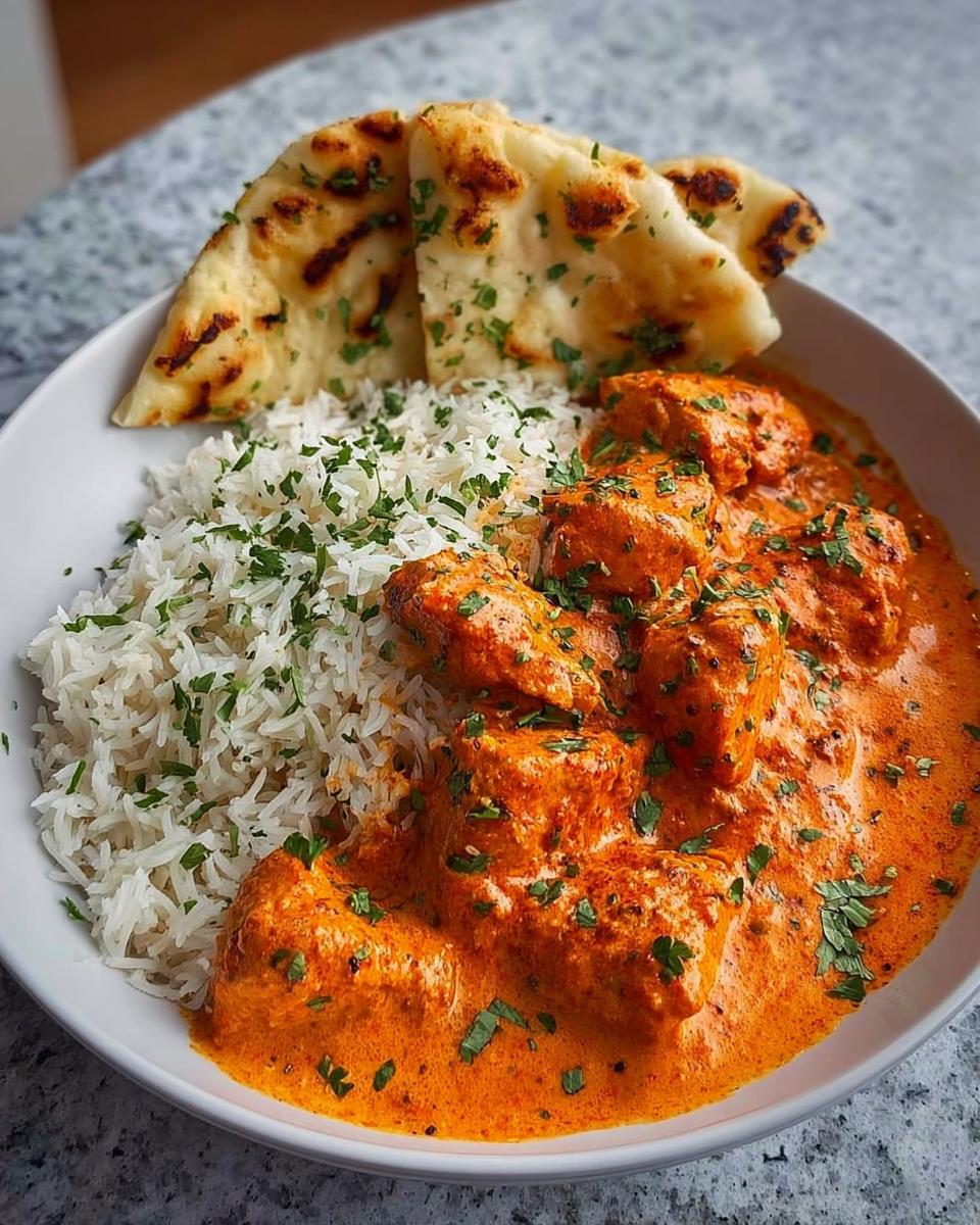 A bowl of easy butter chicken recipe served with fluffy basmati rice and grilled naan bread, garnished with fresh cilantro.