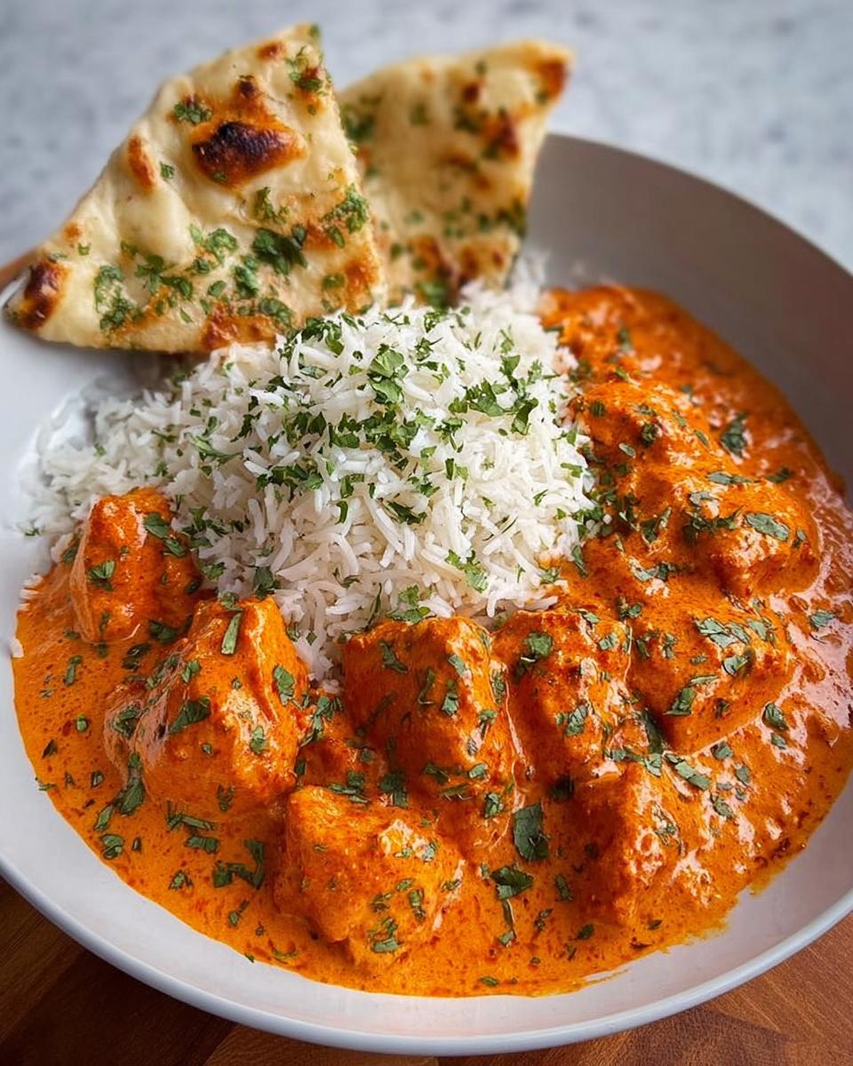A bowl of Easy Butter Chicken Recipe served with fluffy basmati rice and pieces of warm naan bread, garnished with fresh cilantro.