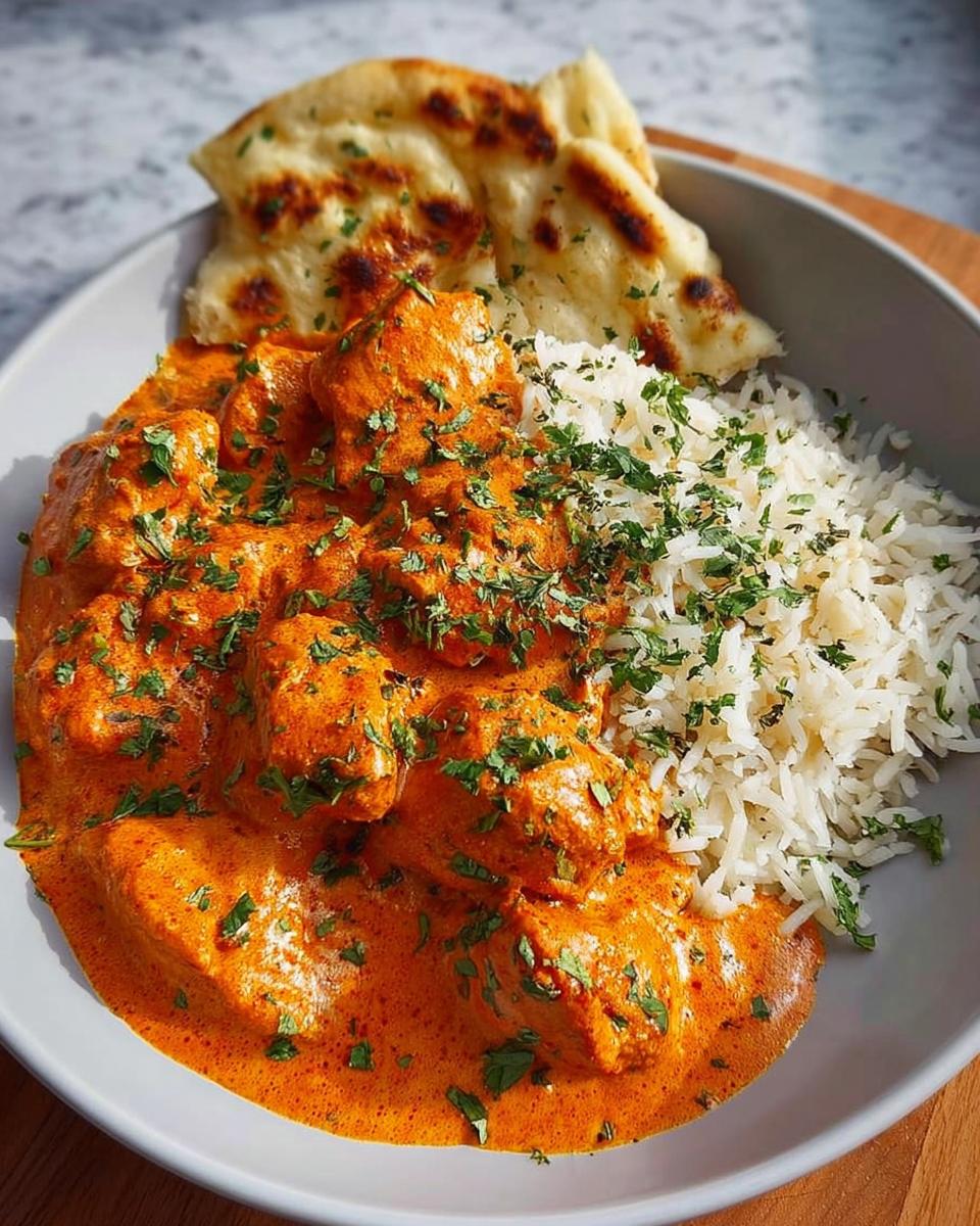 A close-up of a delicious Easy Butter Chicken Recipe served with fluffy white rice and warm naan bread, garnished with fresh cilantro.