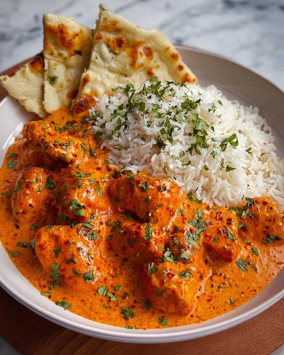 A delicious serving of Easy Butter Chicken Recipe with fluffy rice and pieces of naan bread, garnished with fresh cilantro.
