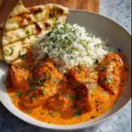 A bowl of Easy Butter Chicken Recipe served with fluffy white rice and grilled naan bread, garnished with fresh cilantro.