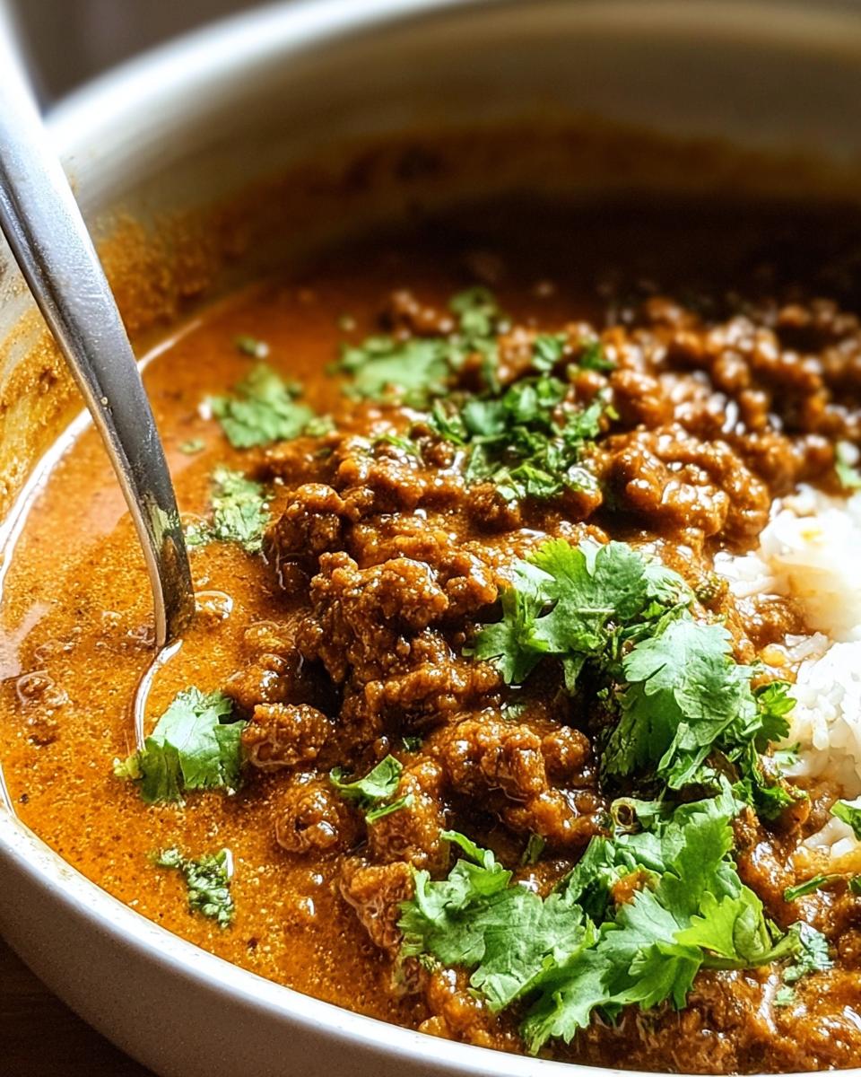 Close-up of a bowl of Easy Keema Curry, featuring ground beef in a rich coconut curry sauce, garnished with fresh cilantro, served with white rice.