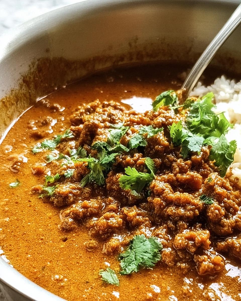 Close-up of a bowl of Easy Keema Curry with ground beef, rich coconut curry sauce, and fluffy white rice, garnished with fresh cilantro.
