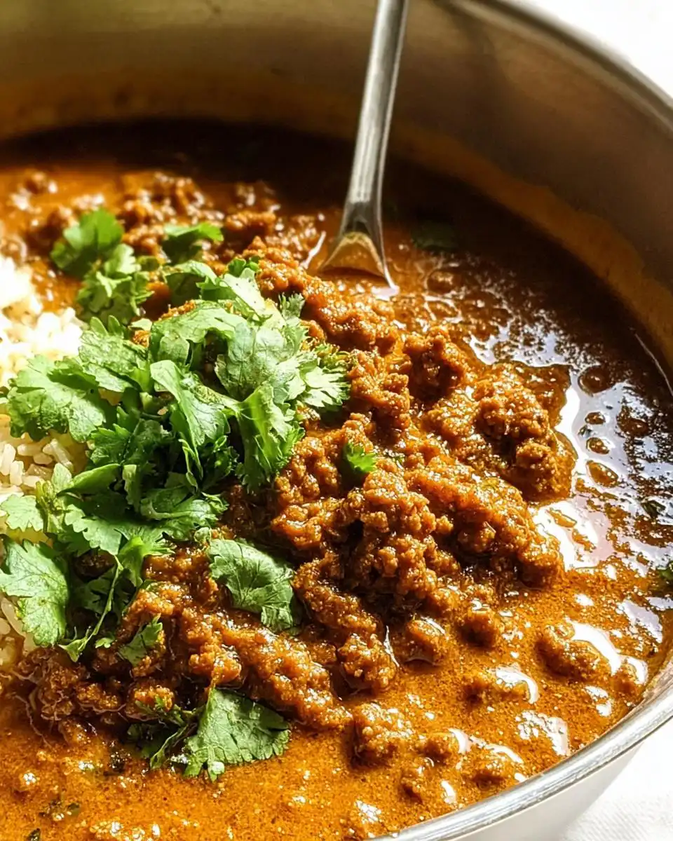 Close-up of Easy Keema Curry with ground beef, coconut curry sauce, fluffy rice, and fresh cilantro.