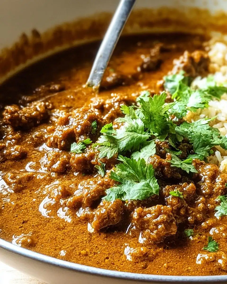 Close-up of a bowl of Easy Keema Curry, featuring ground beef in a rich coconut curry sauce, topped with fresh cilantro and served with rice.