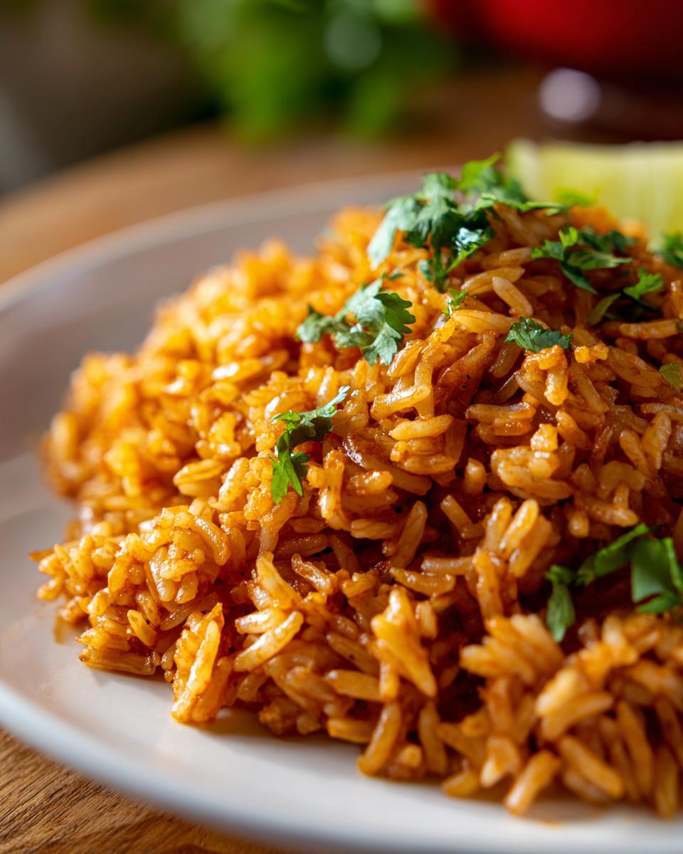 Close-up of fluffy Easy Mexican Rice Recipe, garnished with fresh cilantro and a lime wedge.