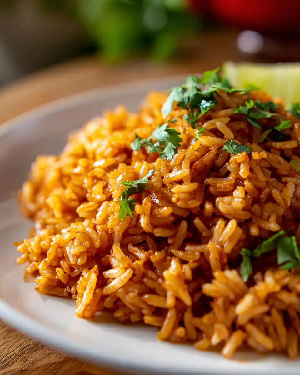 Close-up of fluffy Easy Mexican Rice Recipe, garnished with fresh cilantro and a lime wedge.