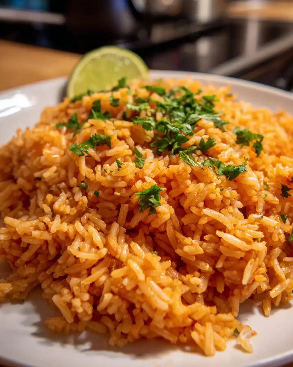 A close-up of a plate piled high with fluffy, orange-hued Easy Mexican Rice, garnished with fresh cilantro and a lime wedge.