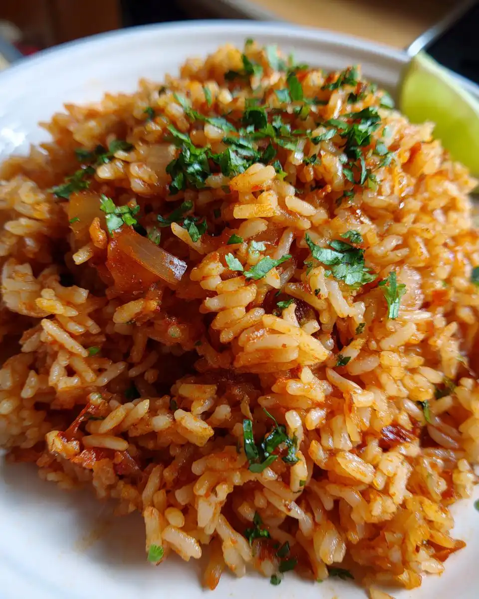 A close-up view of a bowl filled with Easy Mexican Rice Recipe, garnished with fresh cilantro and a lime wedge.