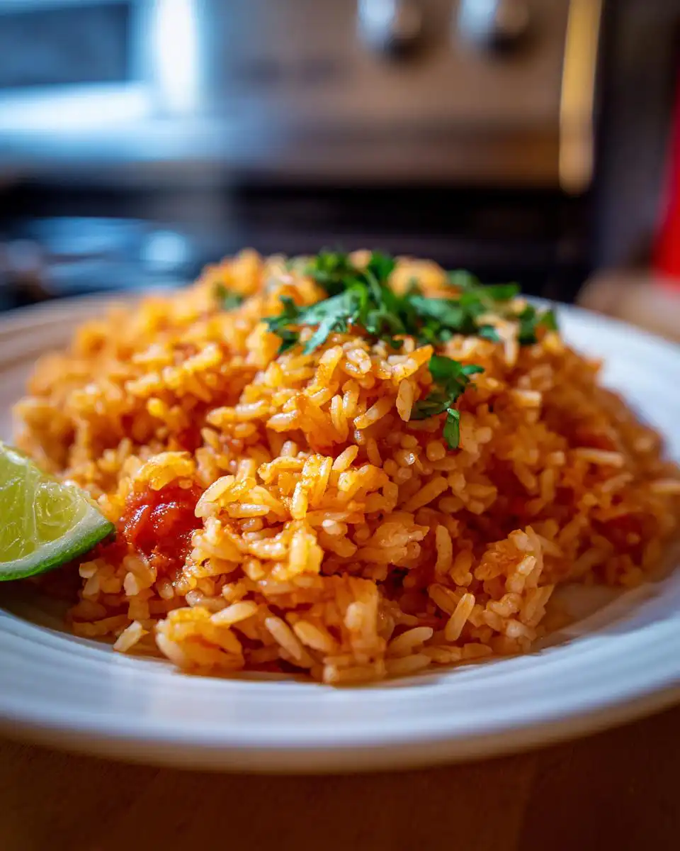 A close-up of a plate of fluffy Easy Mexican Rice Recipe, garnished with fresh cilantro and a lime wedge.