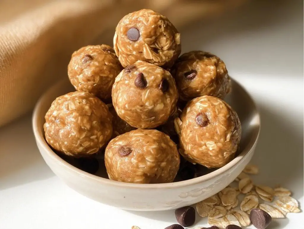 A bowl filled with Easy No Bake Lactation Energy Balls, featuring oats and chocolate chips.