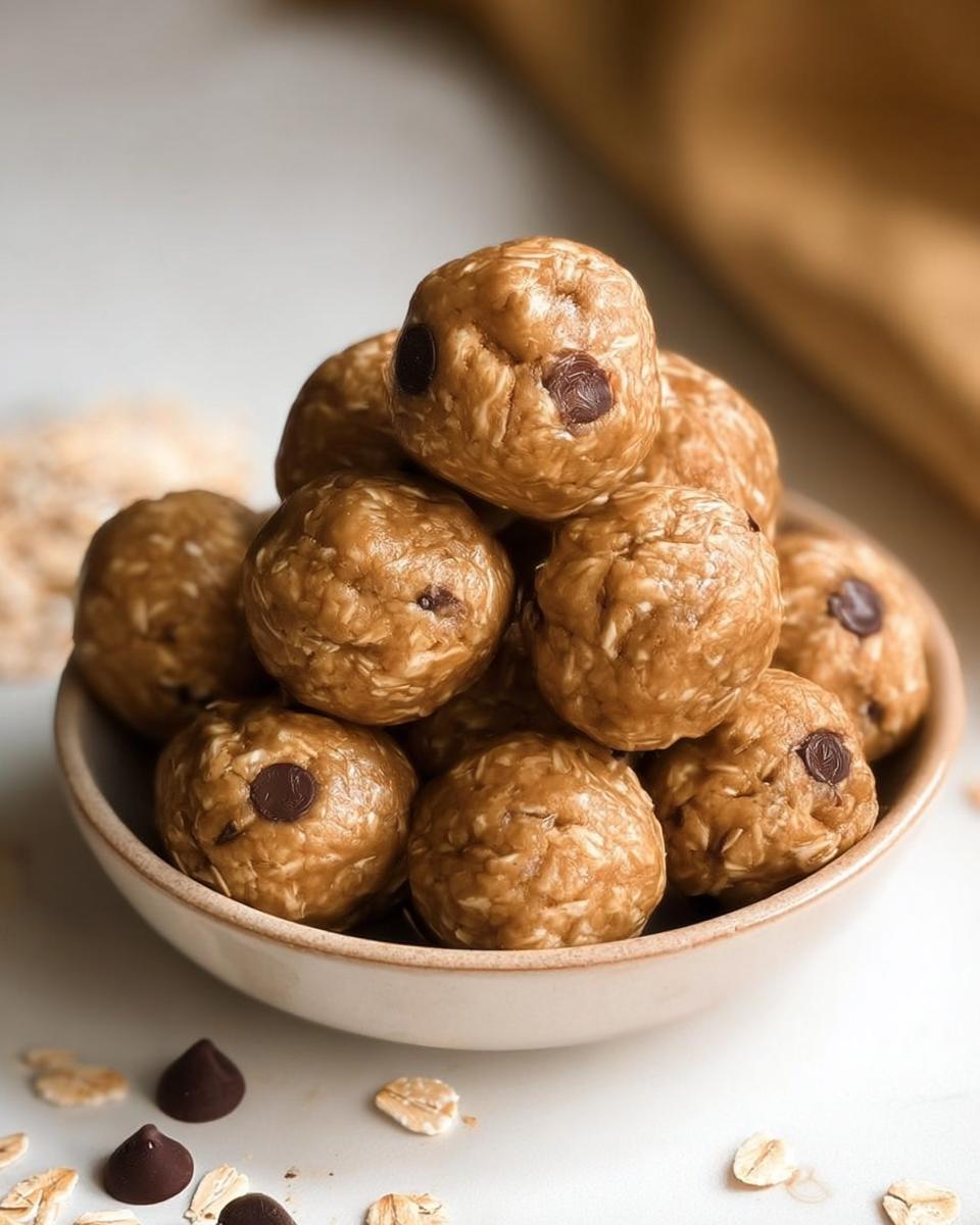 A bowl overflowing with Easy No Bake Lactation Energy Balls, studded with chocolate chips and surrounded by oats.