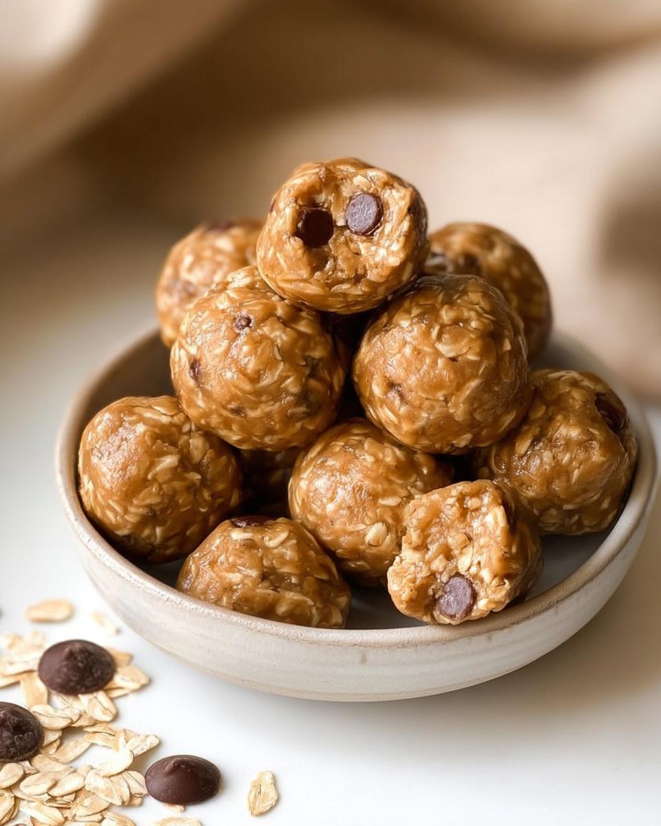 A bowl filled with Easy No Bake Lactation Energy Balls, featuring oats and chocolate chips. One ball is broken in half to show the texture.