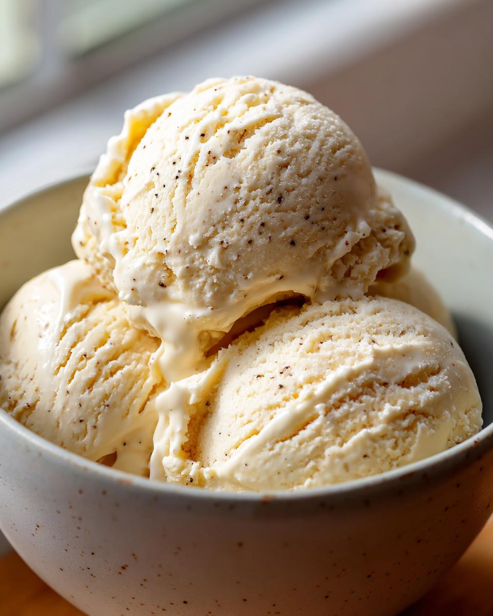 Close-up of creamy vanilla ice cream scoops with visible vanilla bean specks in a speckled bowl.