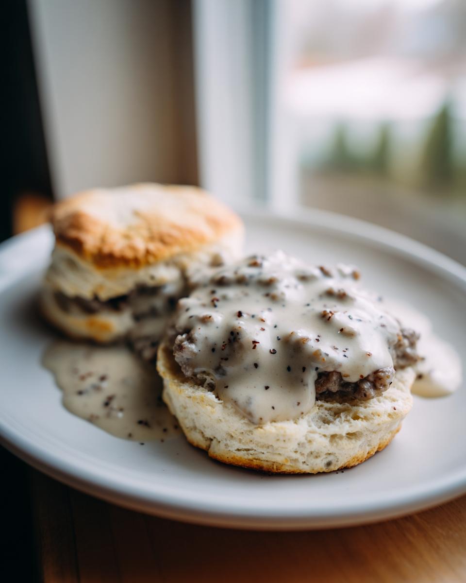 Close-up of fluffy biscuits topped with creamy sausage gravy and black pepper, part of an Easy Sausage Gravy Recipe.