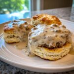 Three fluffy biscuits topped with creamy, peppery sausage gravy. An easy sausage gravy recipe.