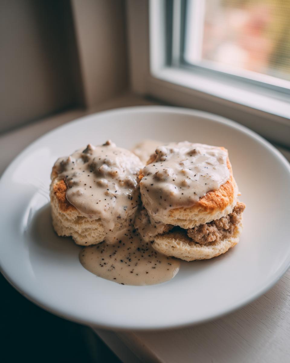 Two biscuits topped with creamy sausage gravy, a classic dish from an easy sausage gravy recipe.