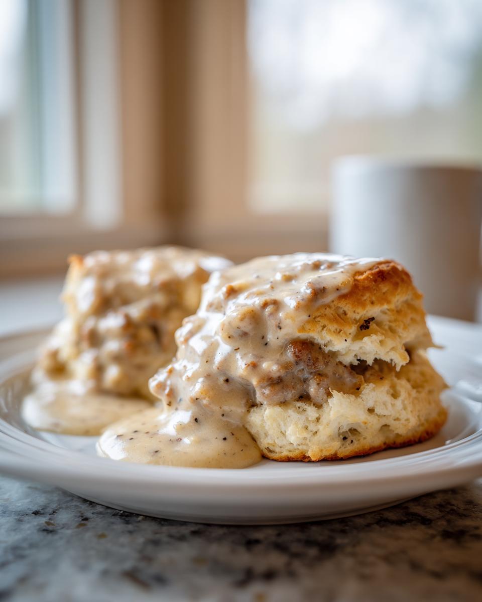 Close-up of fluffy biscuits smothered in creamy sausage gravy, a perfect serving for an Easy Sausage Gravy Recipe.