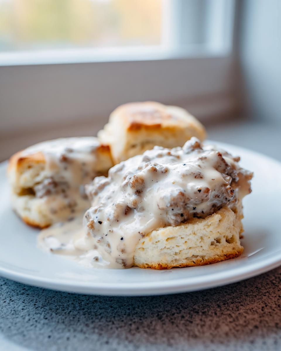 Close-up of a plate with biscuits topped with creamy Easy Sausage Gravy Recipe.