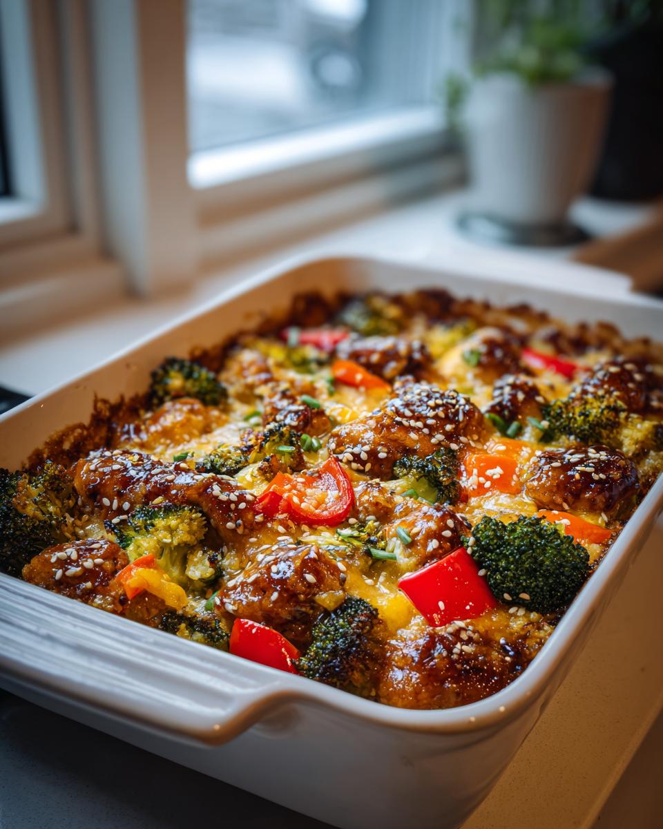 A close-up shot of an Easy Teriyaki Chicken Casserole baked in a white dish, featuring chicken pieces, broccoli, and red peppers, topped with sesame seeds.