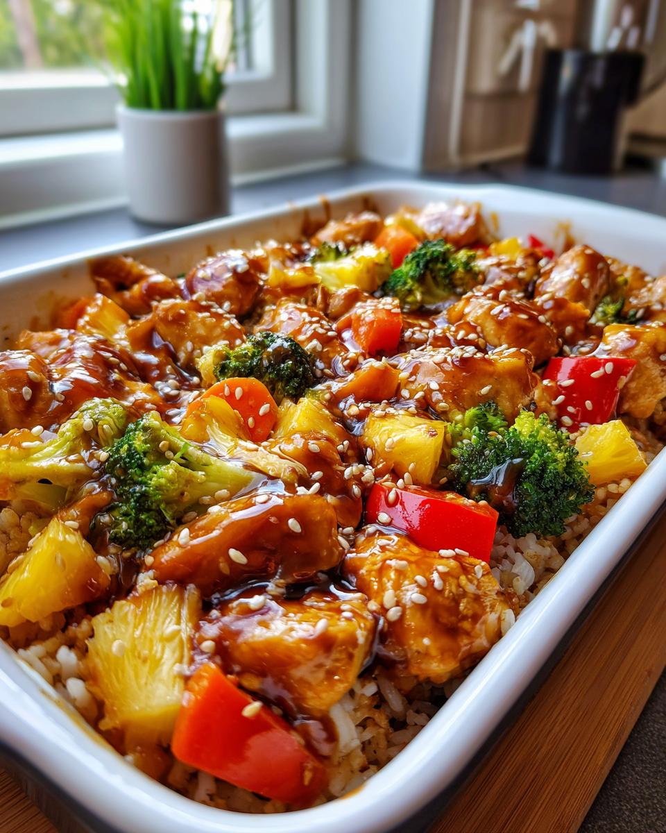 A close-up of an Easy Teriyaki Chicken Casserole in a white baking dish, topped with sesame seeds.